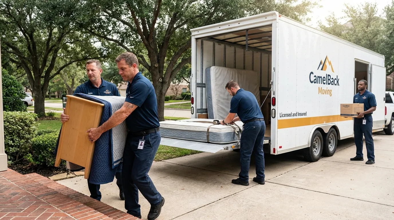 Crew loading residential truck for cross-state move from Huron, CA