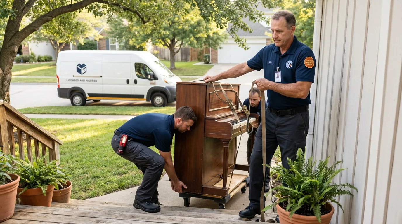 Licensed piano movers securing grand piano in Huron, CA