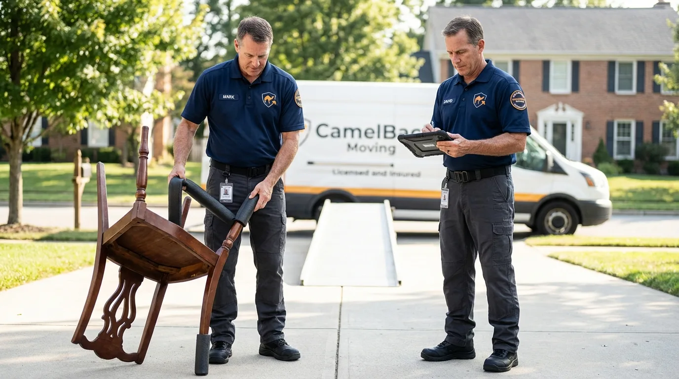 Movers inspecting furniture for damage prevention before loading in Huron, CA