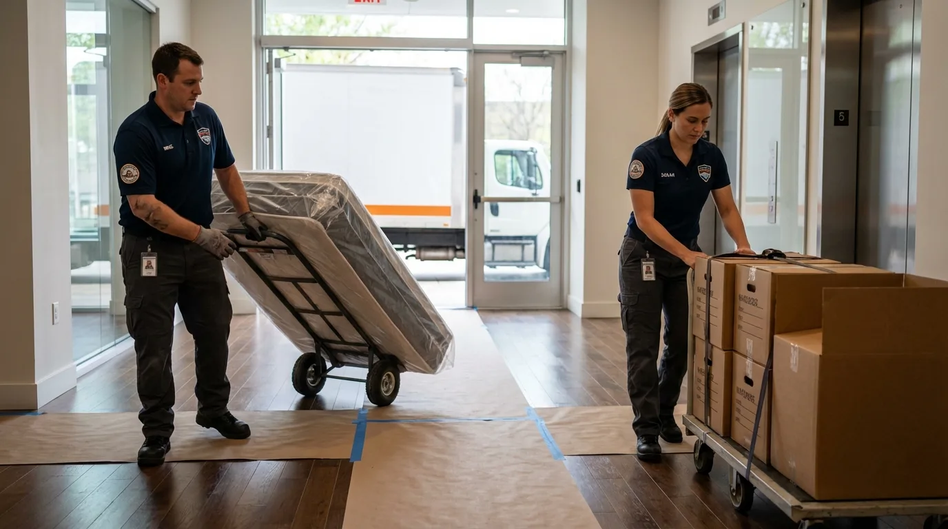 Professional apartment movers loading elevator in Huron, CA