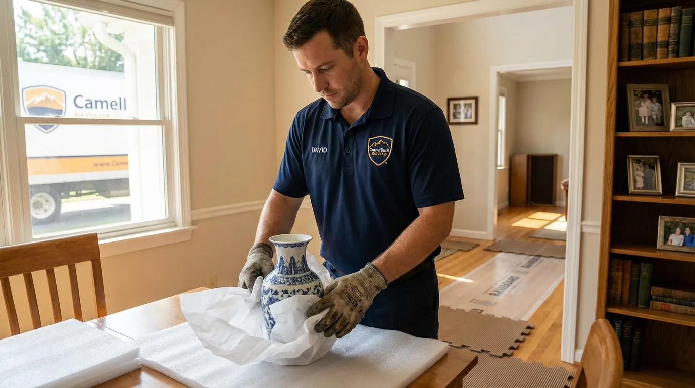 Professional crew carefully wrapping antique vase for senior downsizing move in Huron, CA