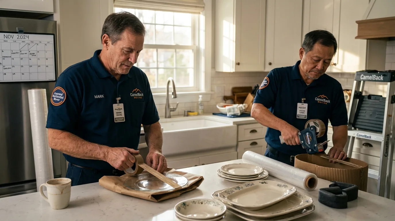 Professional crew packing kitchen dishware in Huron, CA